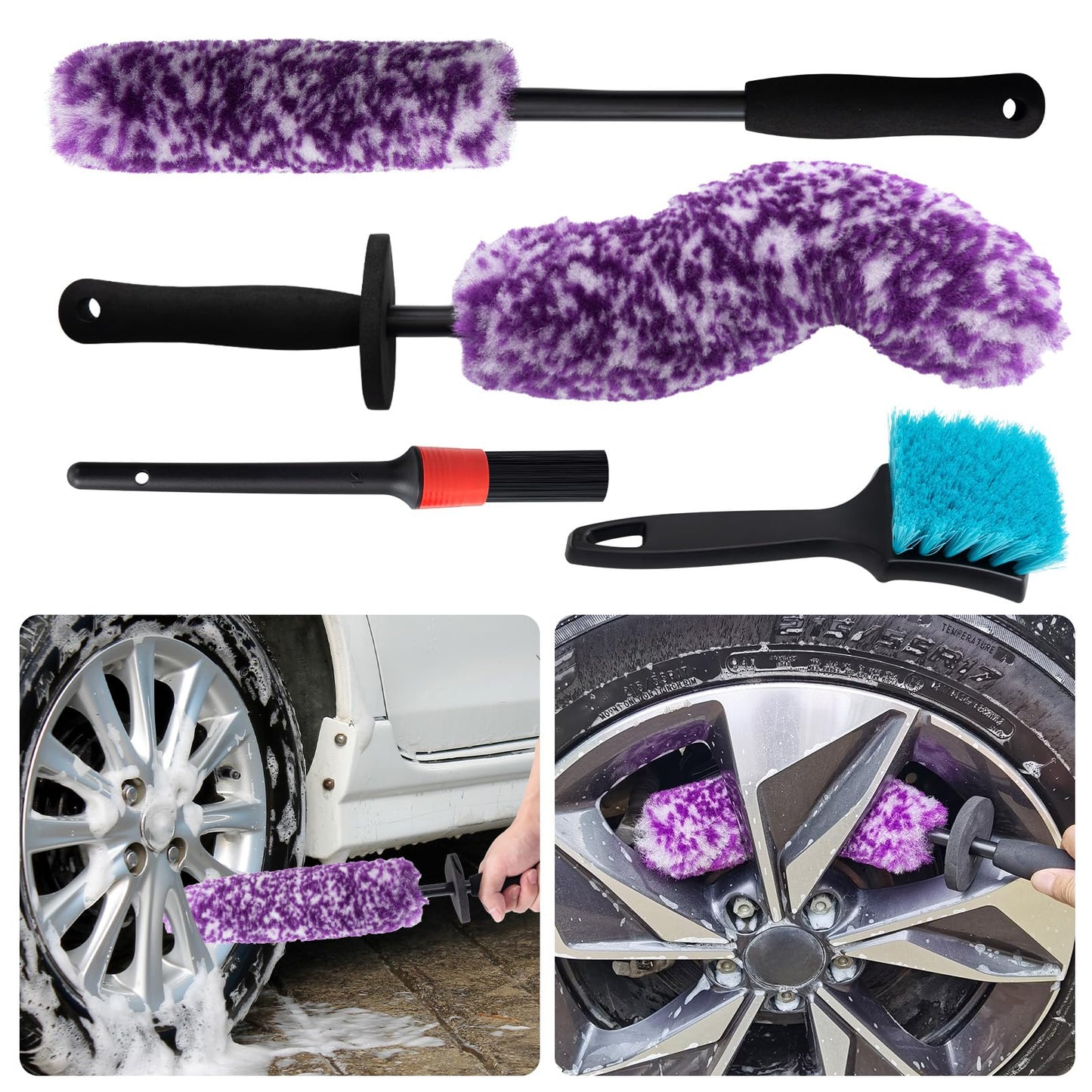 KLeXiC 4 Pack Wheel Tire Cleaning Brush Kit Cars Motorcycles RVs Trucks Rim Hub Ultra Soft Microfiber No Spatter 360 Bendable Synthetic Woolies Wash Vehicles Bristle Set
