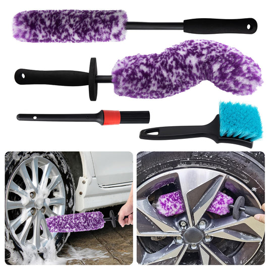 KLeXiC 4 Pack Wheel Tire Cleaning Brush Kit Cars Motorcycles RVs Trucks Rim Hub Ultra Soft Microfiber No Spatter 360 Bendable Synthetic Woolies Wash Vehicles Bristle Set