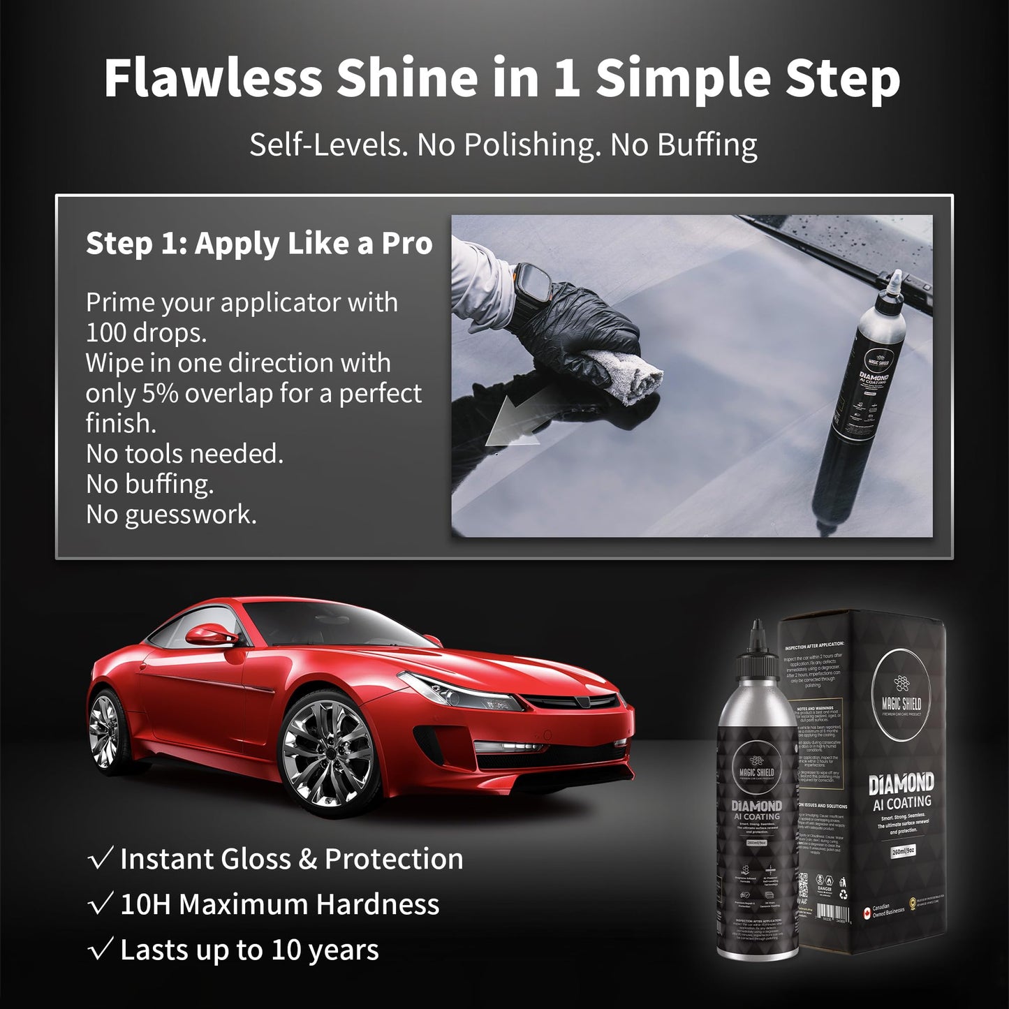Magic Shield Diamond AI Coating – Graphene Liquid Self-Leveling Techology | Repairs & Protects | Last for 10 Years | High-Gloss Shine | Hydrophobic & Scratch-Resistant | for Car Paint, Headlights ONLY