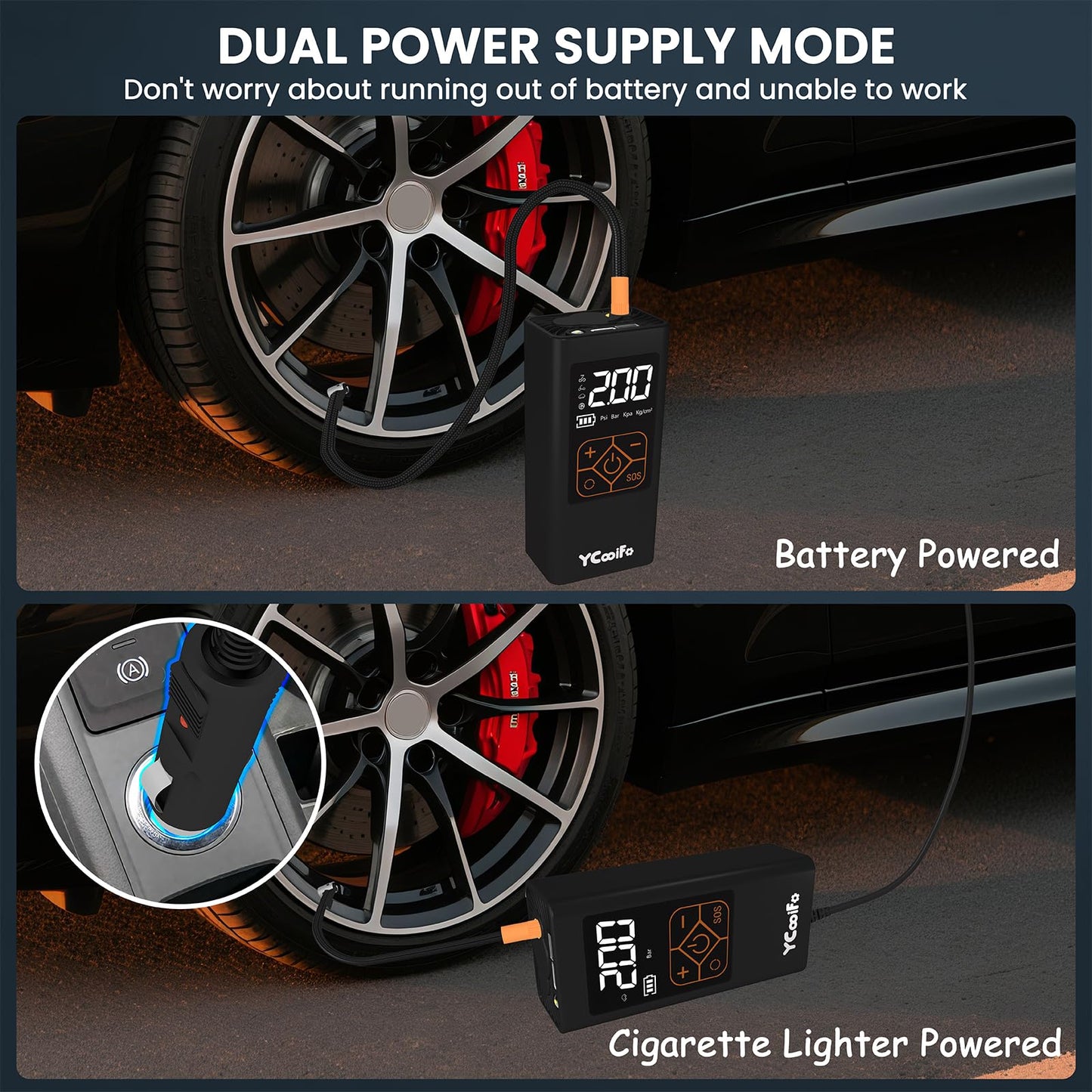 YCooiFo 150 PSI Tire Inflator Portable Air Compressor, 8000mAh Battery Auto Shut-Off Air Pump, 6X Inflator Portable Tire Inflator for Car, Bicycle, Motor, Ball