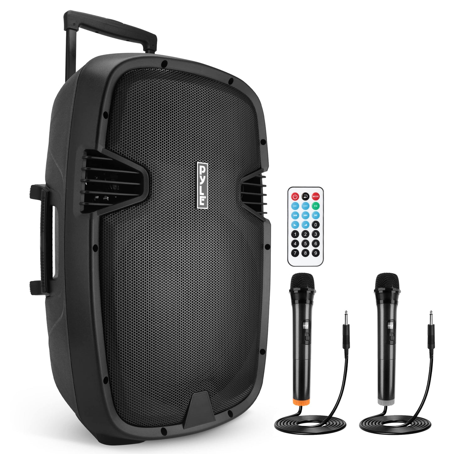 Pyle 1600 Watt, 15" Bluetooth PA Speaker-Indoor/Outdoor Portable Sound System with (2) UHF Wireless Microphones Rechargeable Battery, Audio Recording, USB/SD Readers, FM Radio (PPHP1535WMU),Black