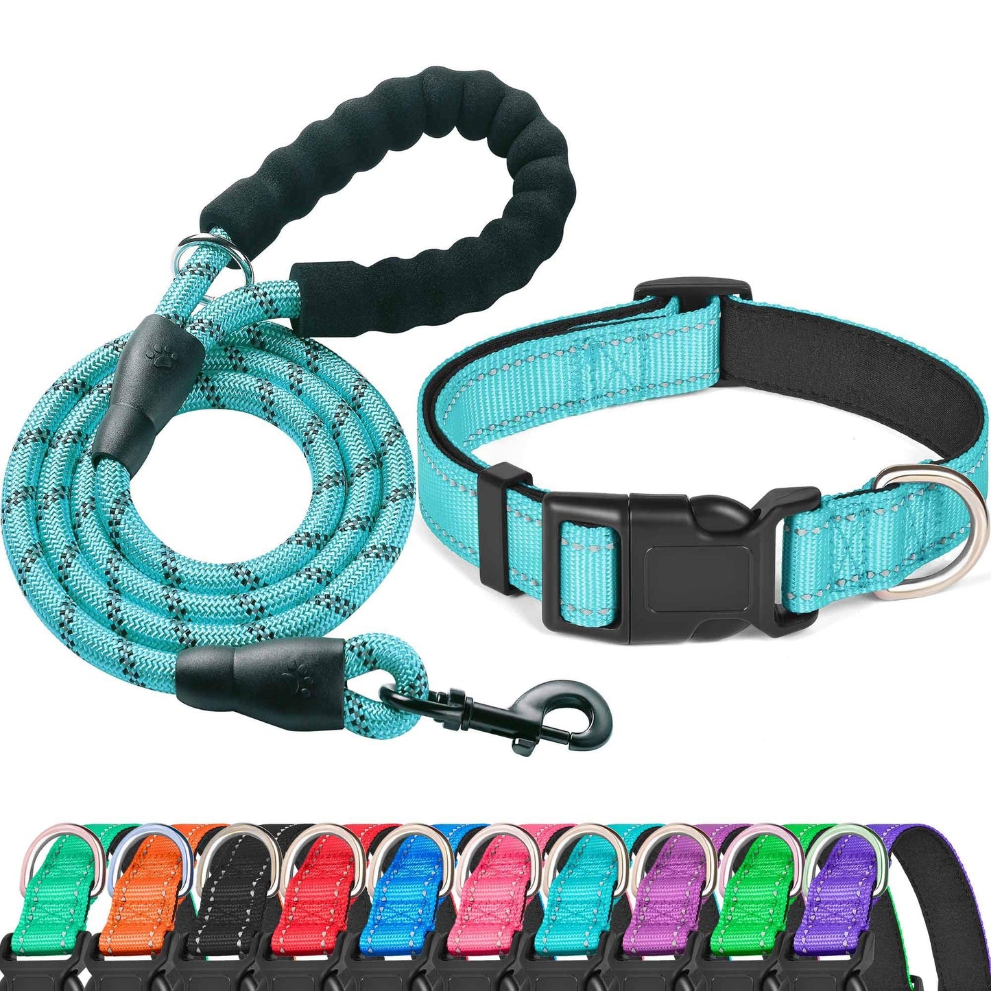 Ladoogo Reflective Dog Collar Padded with Soft Neoprene Breathable Adjustable Nylon Dog Collars for Small Medium Large Dogs (Medium (Pack of 1), Blue Collar+Leash)