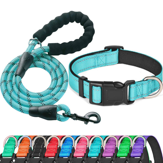 Ladoogo Reflective Dog Collar Padded with Soft Neoprene Breathable Adjustable Nylon Dog Collars for Small Medium Large Dogs (Medium (Pack of 1), Blue Collar+Leash)