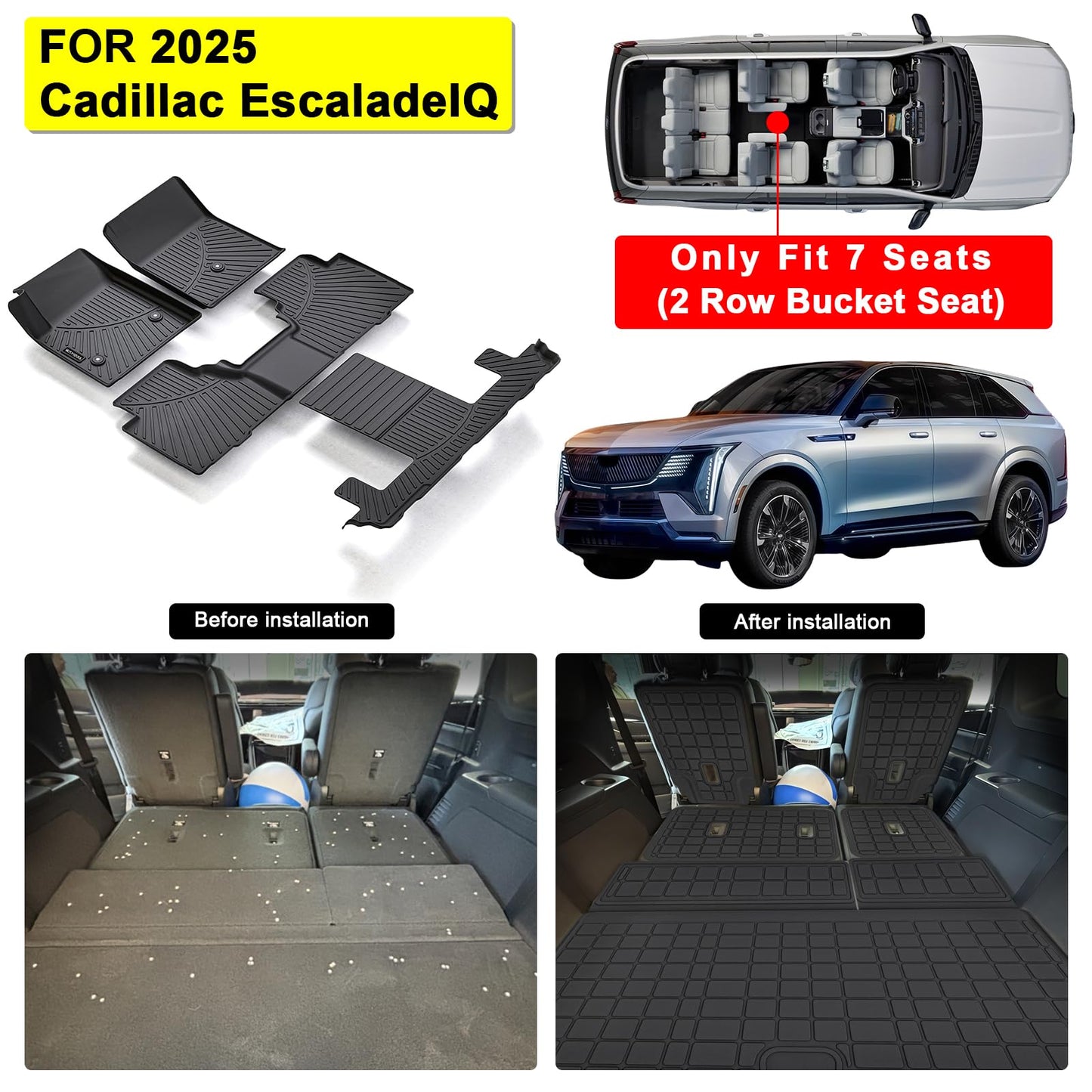 ﻿Floor Mats for 2025 Cadillac Escalade IQ 7 Seats&Cargo Mat with Backrest Protection&2nd Row Kick mat, TPE All Weather Protection Full Set Car Liners Accessories Covering The Backrest Mat-Black