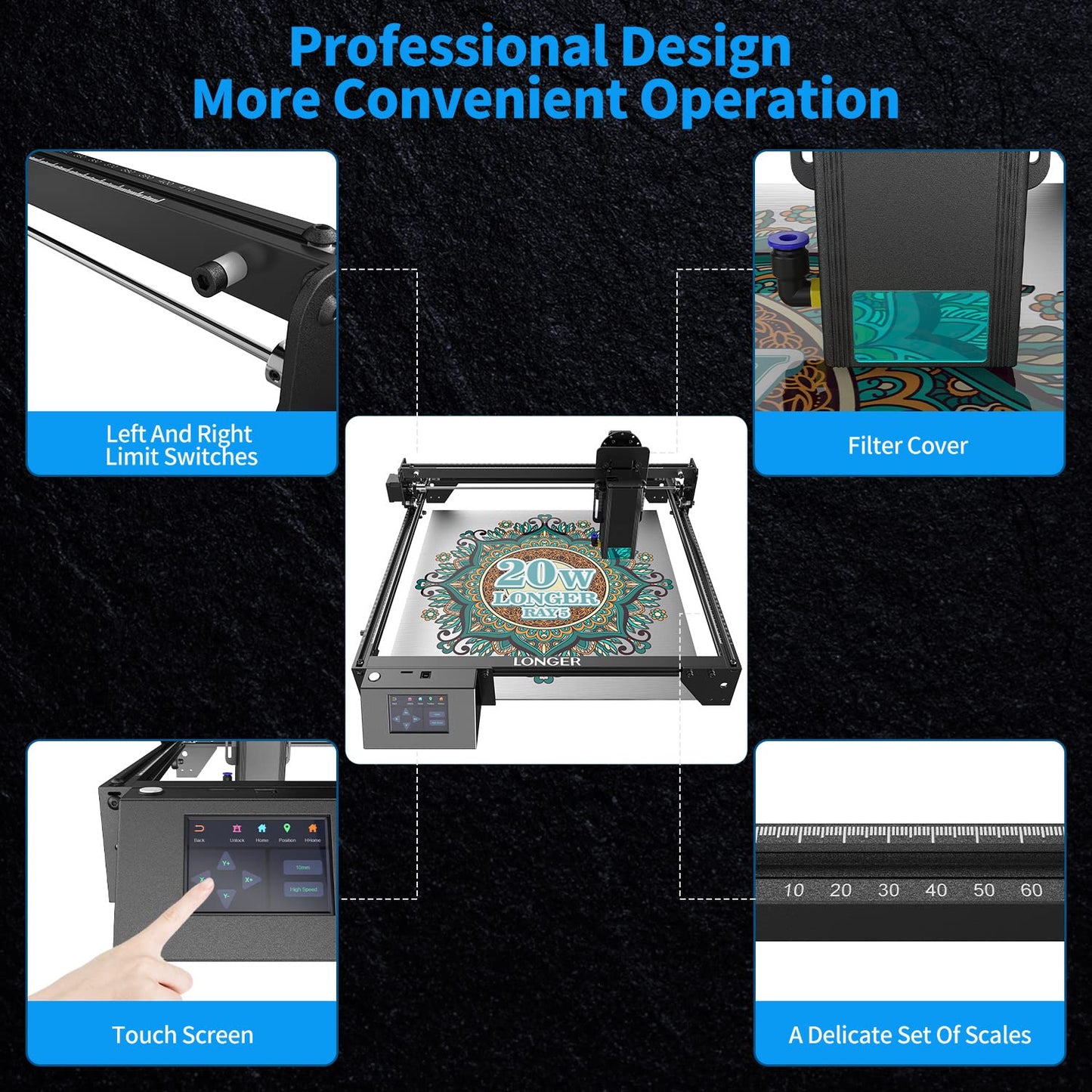 LONGER RAY5 130W Laser Engraver, 20W Output CNC Laser Cutter DIY Laser Engraving Machine, Exclusive 3.5" Touch Screen for DIY, Cutting Tool for Metal Colorizing, Wood, Acrylic, Leather, Glass