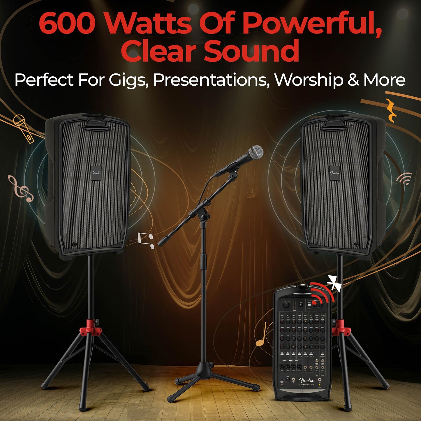 Fender Passport Venue S2 Portable PA System Bundle with Compact Speaker Stands, Microphone, Mic Stand Clip, XLR Cable, and Instrument Cable