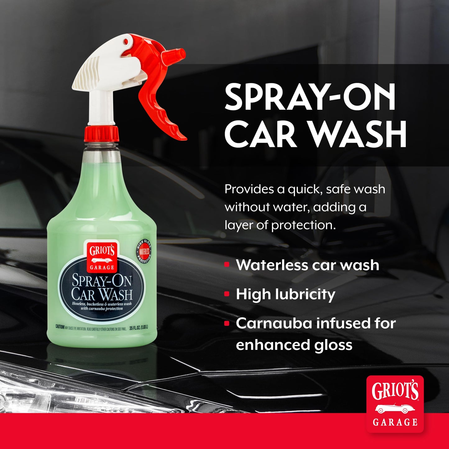 Griot's Garage Spray-On Car Wash for Vehicle Cleaning and Detailing, Rinseless and Waterless, No Hose and Bucket Needed, with Carnauba Wax Protection, 11065, 35oz