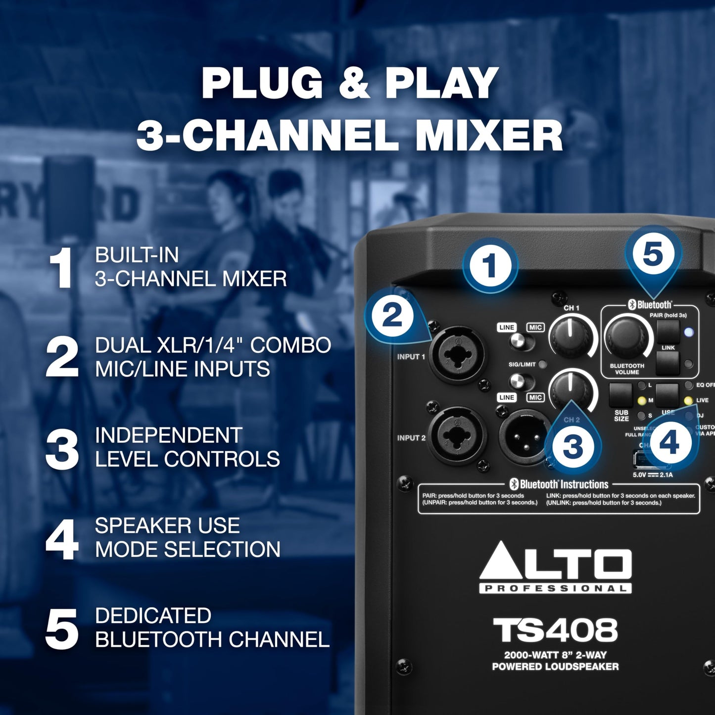ALTO TS408 2000W 8" Powered PA Speaker with 3 Channel Mixer, Bluetooth Streaming, Wireless Loudspeaker Linking, DSP and ALTO App