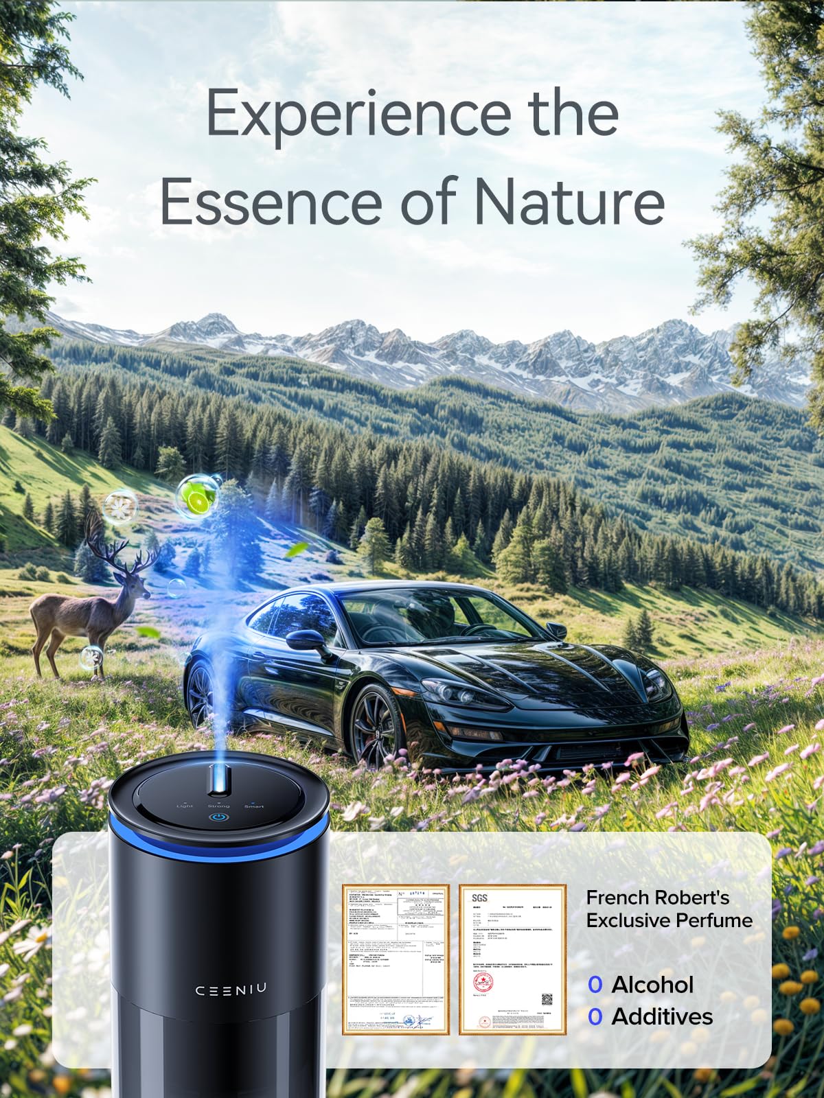 Ceeniu Smart Car Air Freshener, Enlarged Spray Nozzle, Advanced Ultrasonic Diffuser CF12 Pro, Auto On/Off, Adjustable Mode, 60-Day Powerful Battery, Ambient Light, Luxury Cologne Scent, Lasts 4 Months