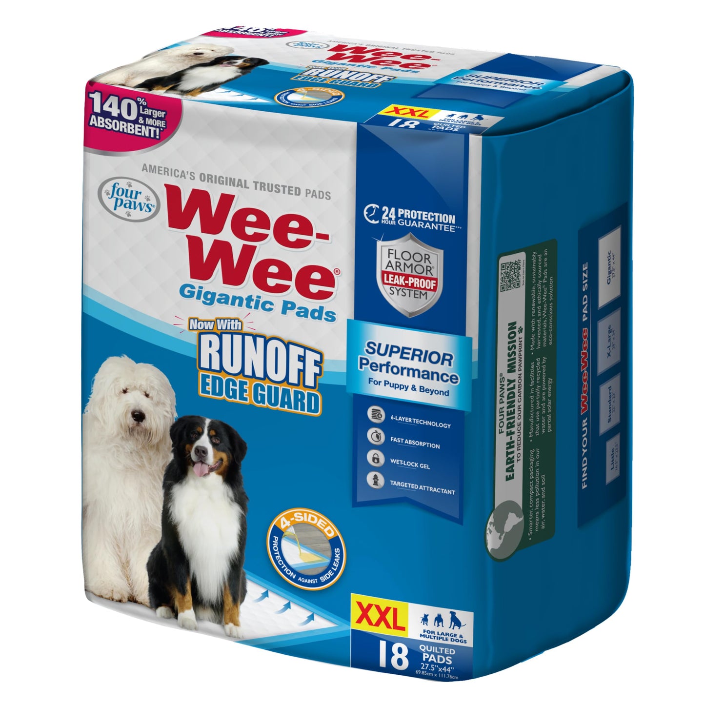 Four Paws Wee-Wee Superior Performance Pee Pads for Dogs with Runoff Barrier Edge Guard Protection, Puppy & Dog Potty Training Pads, Housebreaking Supplies, 27.5" x 44" (18 Count)