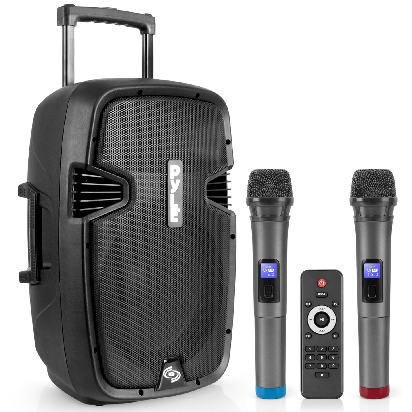 Pyle PPHP1299WU.5 Karaoke Portable PA Speaker System - 1000W Active Powered Wireless Bluetooth Compatible, Outdoor Speaker, Wheels, USB MP3 RCA, 2 UHF Microphone, Remote, Black