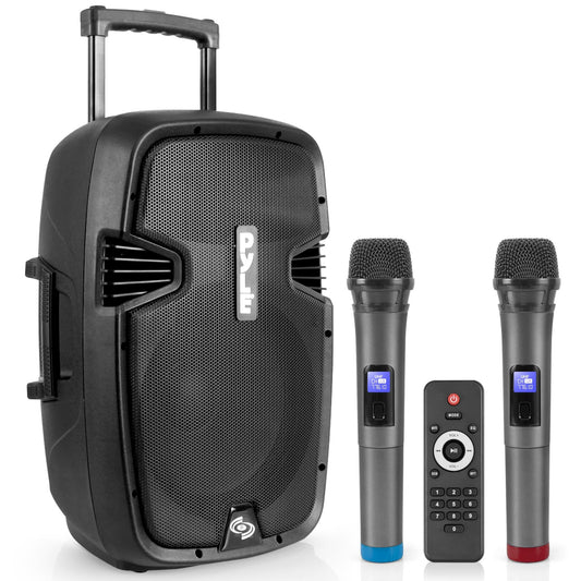 Pyle PPHP1299WU.5 Karaoke Portable PA Speaker System - 1000W Active Powered Wireless Bluetooth Compatible, Outdoor Speaker, Wheels, USB MP3 RCA, 2 UHF Microphone, Remote, Black
