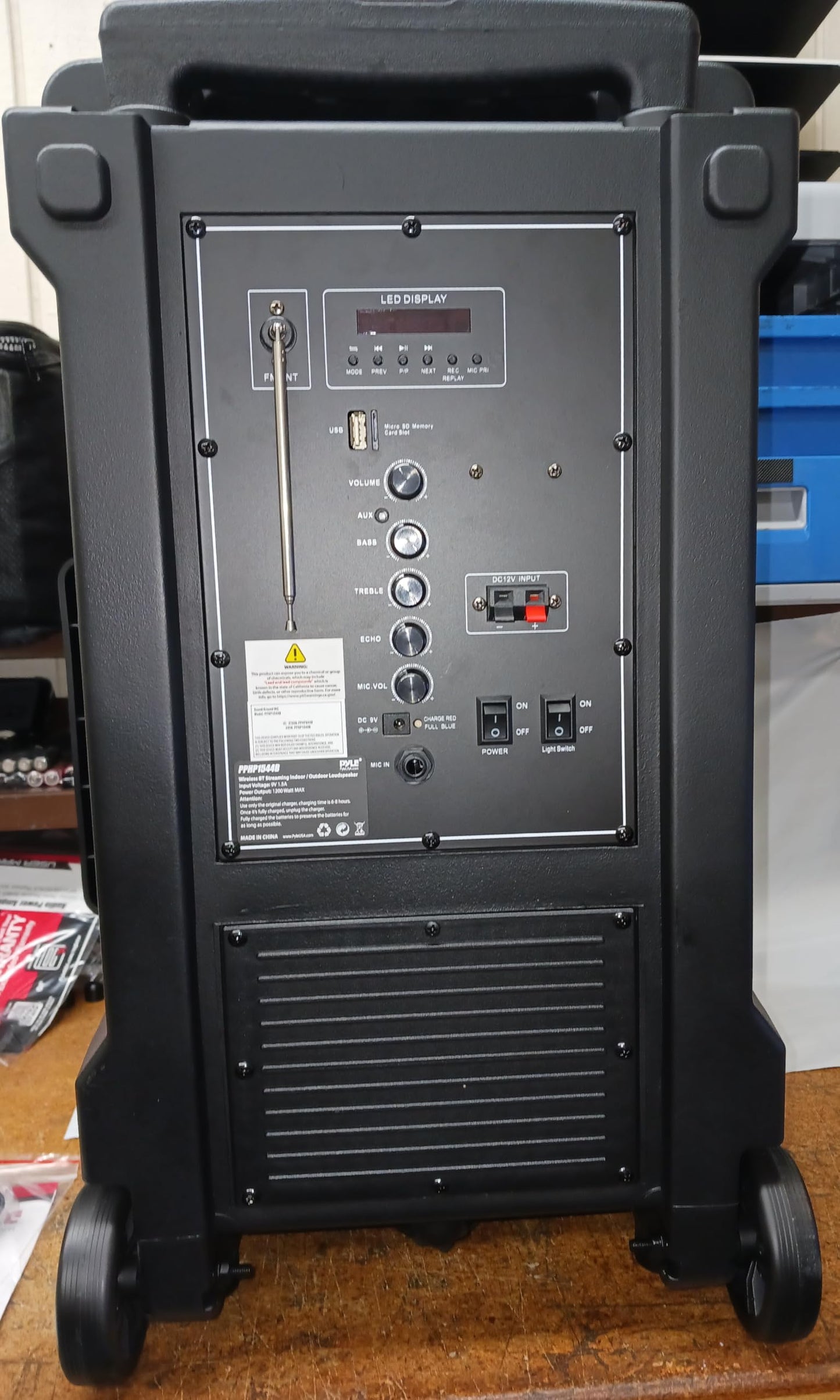 Pyle Wireless Portable PA Speaker System -1200W High Powered Bluetooth Compatible Indoor&Outdoor DJ Sound Stereo Loudspeaker wITH USB MP3 AUX 3.5mm Input, Flashing Party Light & FM Radio -PPHP1544B