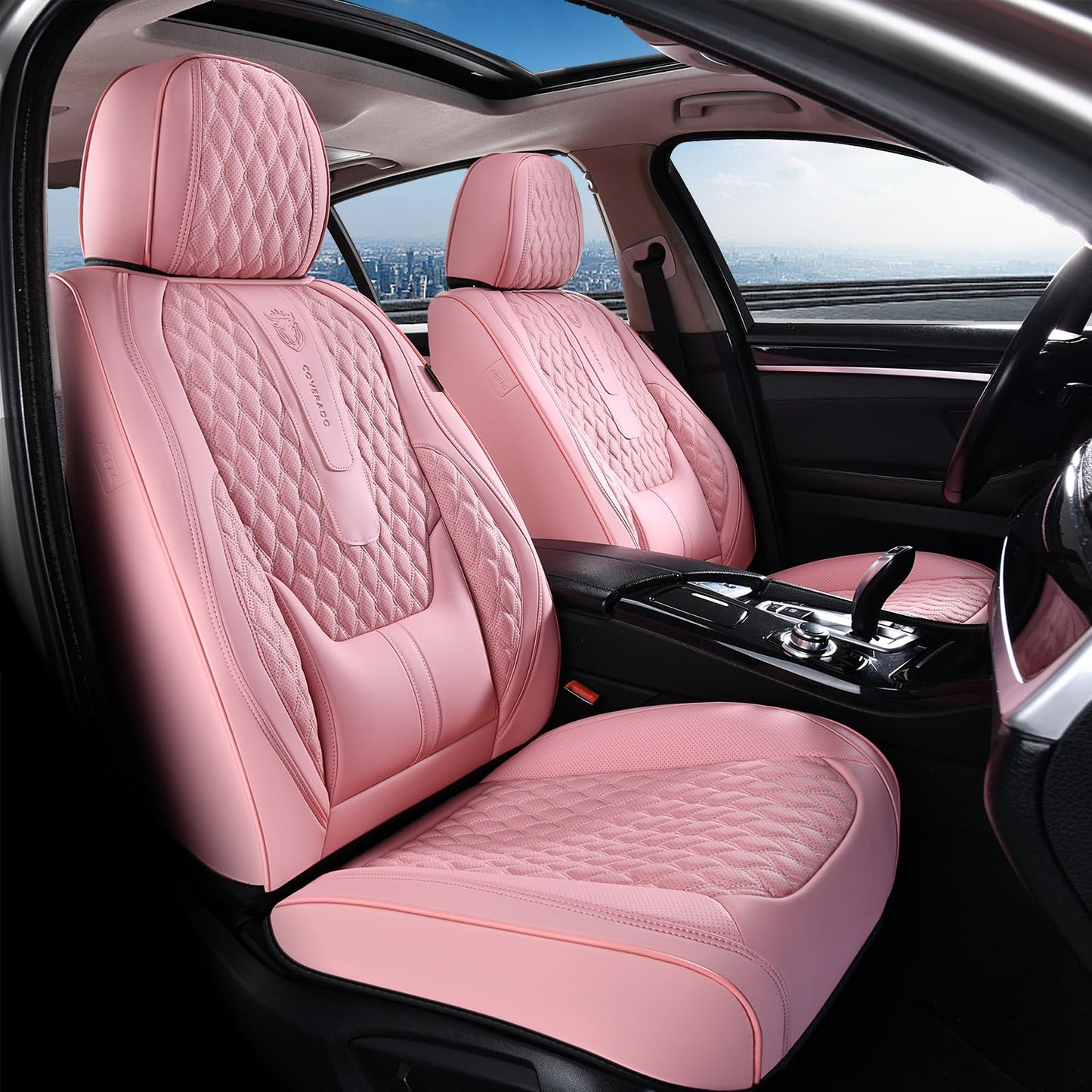 Coverado Seat Covers Full Set, Pink Car Seat Covers, Waterproof Car Seat Cover with Lumbar Support, Leather Car Seat Cushion Protector, Car Seat Covers Universal Fit Most Cars