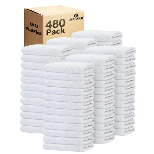 GOLD TEXTILES 480 Pack Economy White Washcloths Set (12x12 inches) - Cotton Blend Commercial Grade Cleaning Rags, Quick Drying & Soft Face Cloths, Fingertip Towels for Bathroom, Spa, Gym, and Kitchen