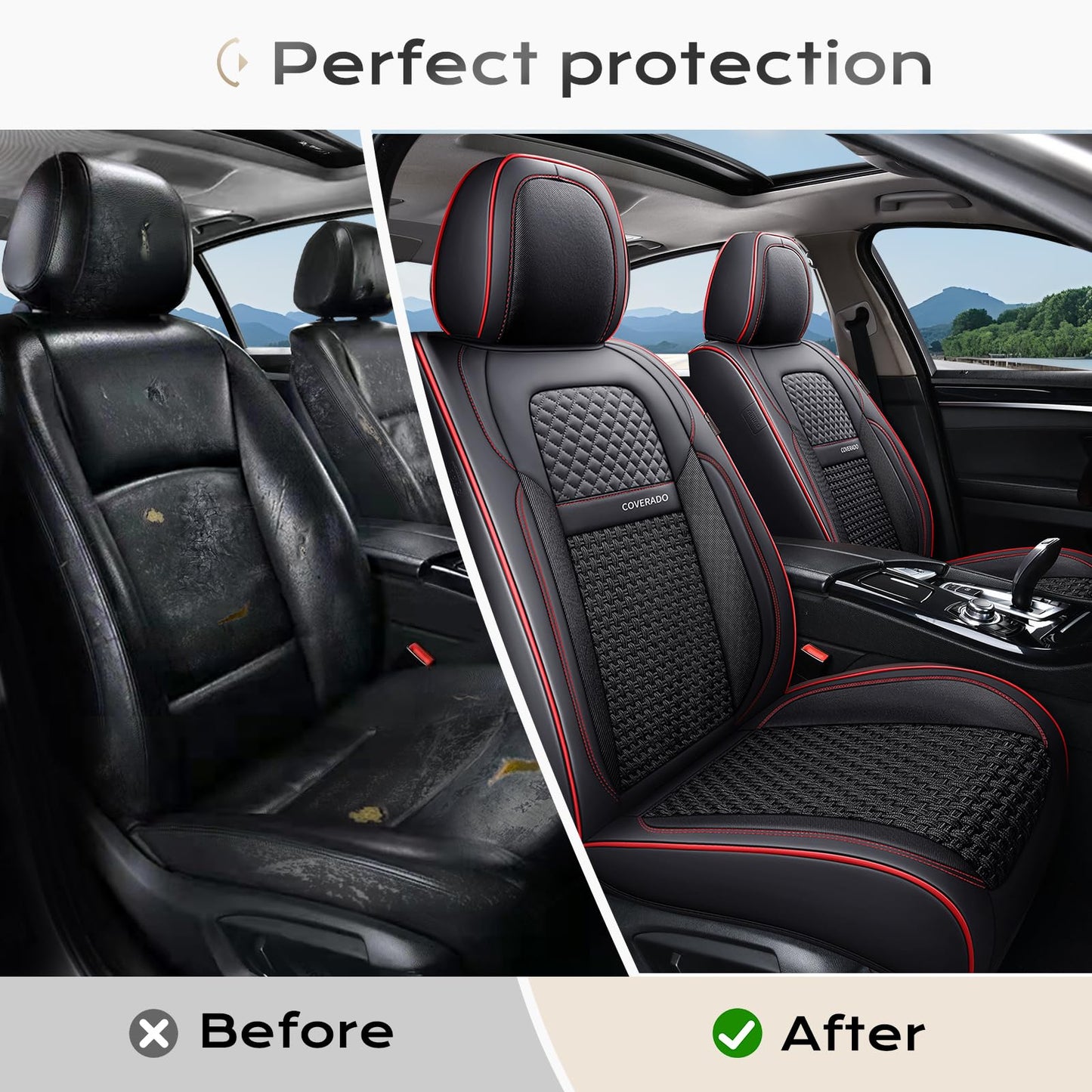 Coverado Car Seat Covers Full Set, Nappa Leather Black Seat Covers for Cars, Waterproof Car Seat Protector, Front and Back Seats Universal Fit for Most Vehicles