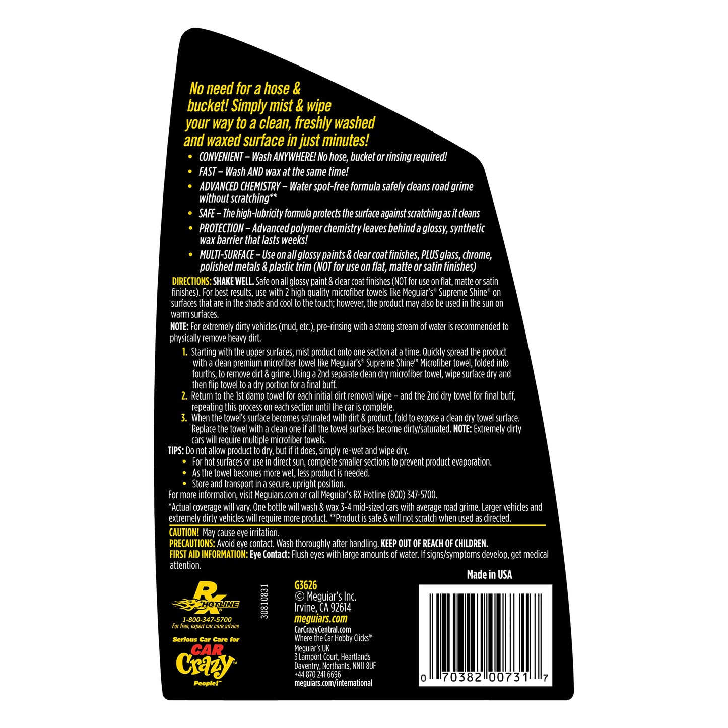 Meguiar's Ultimate Waterless Wash & Wax, Scratch-Free Waterless Car Cleaning Spray That Makes Detailing Quick and Easy, 2-in-1 Cleaner and Protection to Help Your Ride Shine, 26 Oz