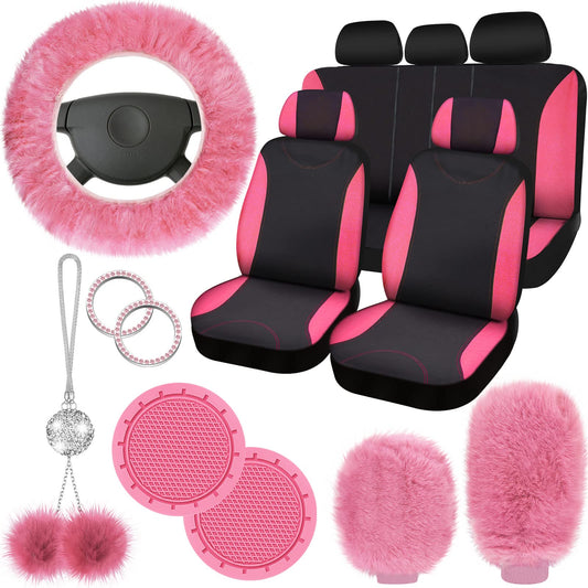 Fulmoon 17 Pcs Car Seat Cover Full Set for Women Universal Fit Car Front Rear Fluffy Steering Wheel Fleece Handbrake Shift Covers Hanging Accessory Holder Ring Emblem(Pink Black)