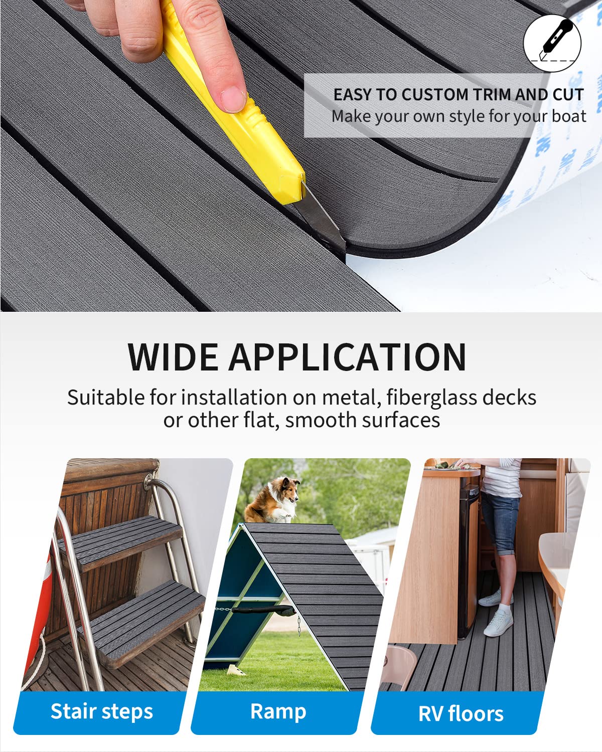 OCEANBROAD Self-Adhesive 96''x45.6'' Boat Flooring with 3M Adhesive Backing EVA Foam Boat Decking Faux Teak Marine Non-Slip Sheet for Jon Boats Yacht Helm Pad Floor, Dark Gray with Black Seam Lines