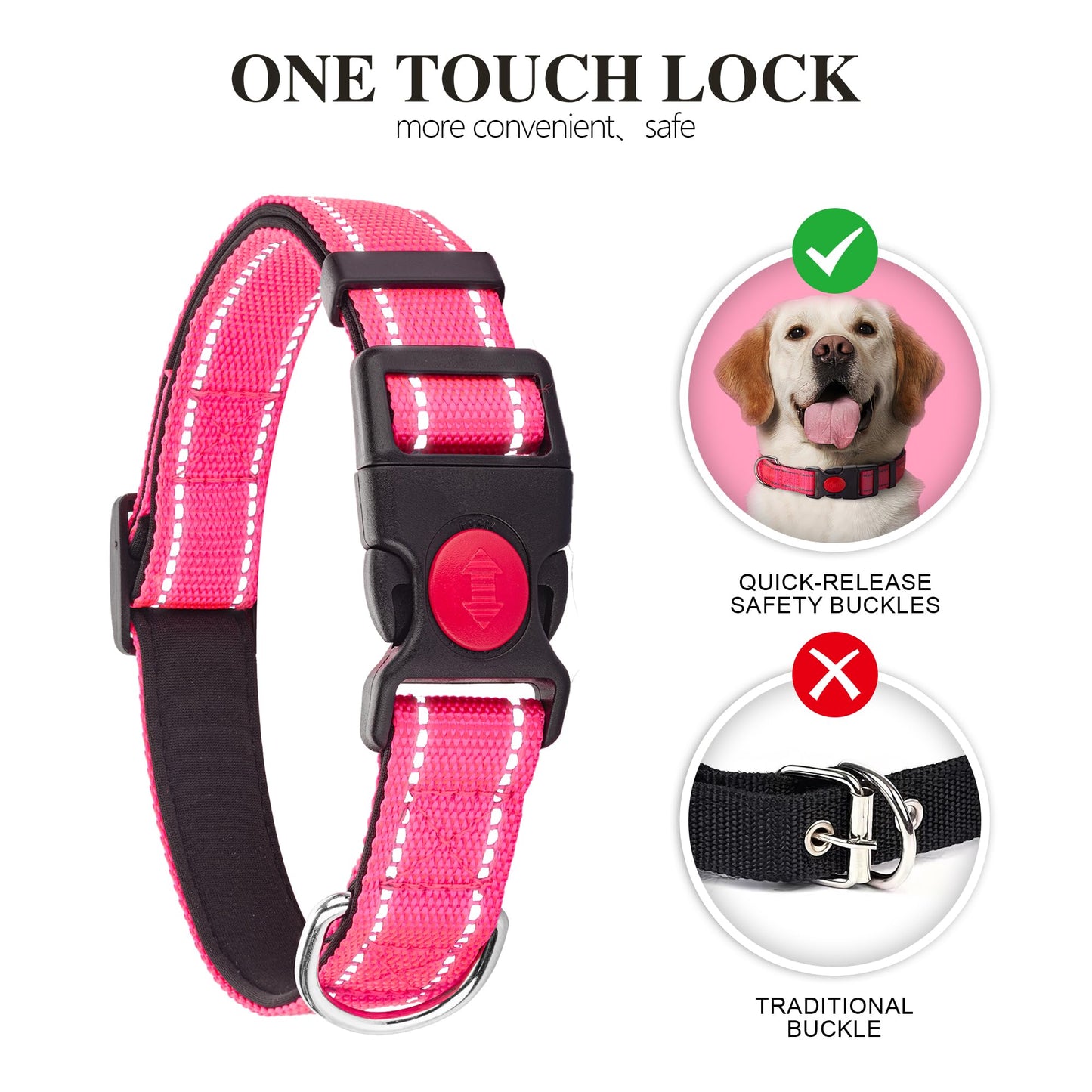 2 Pack Reflective Dog Collars for Medium Large and Small Breed Dogs Male Female,Padded Soft Durable Nylon Neoprene Collar for Puppy Dogs Girl Boy with Quick Release Safety Buckle,Pink,Blue,M