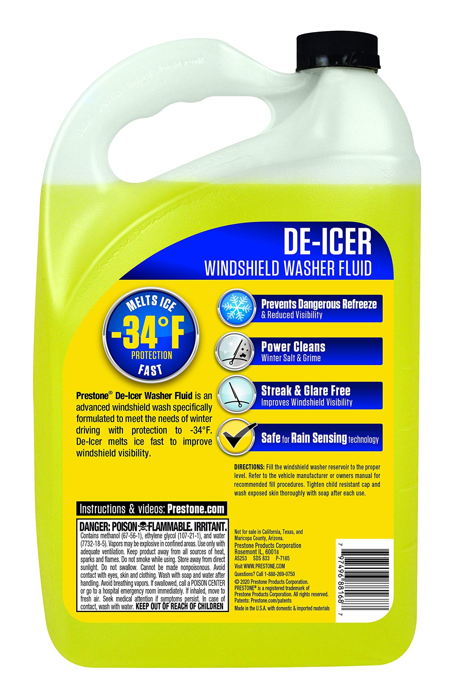 Prestone AS253-6PK De-Icer Windshield Washer Fluid (for Temperatures as Low as -34F), 1 Gallon, 6 Pack