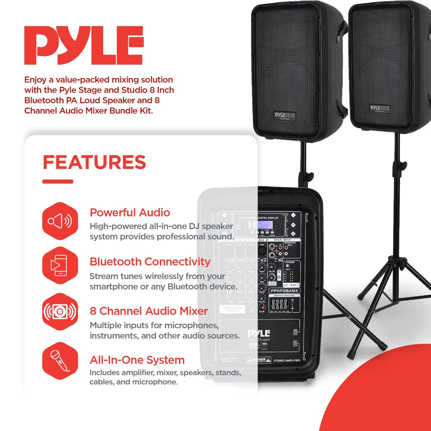 Pyle PA Speaker DJ Mixer Bundle - 300 W Portable Wireless Bluetooth Sound System w/ USB SD XLR 1/4" RCA Inputs - Dual Speaker, Mixer, Microphone, Stand, Cable - Home/Outdoor Party - PPHP28AMX,Black
