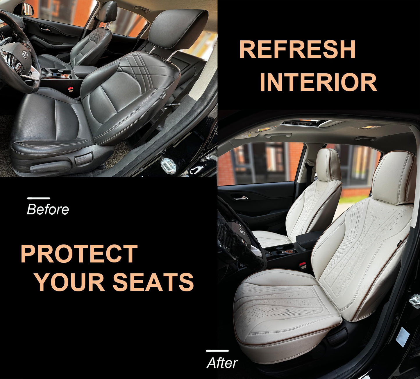 PINCTROT Car Seat Covers Front Set, Breathable Soft Pebbled Leather, Luxury Waterproof Seat Cushion, Airbag Compatible, Seat Protector Universal Fit Most Cars (Front Set, Beige Brown Piping)