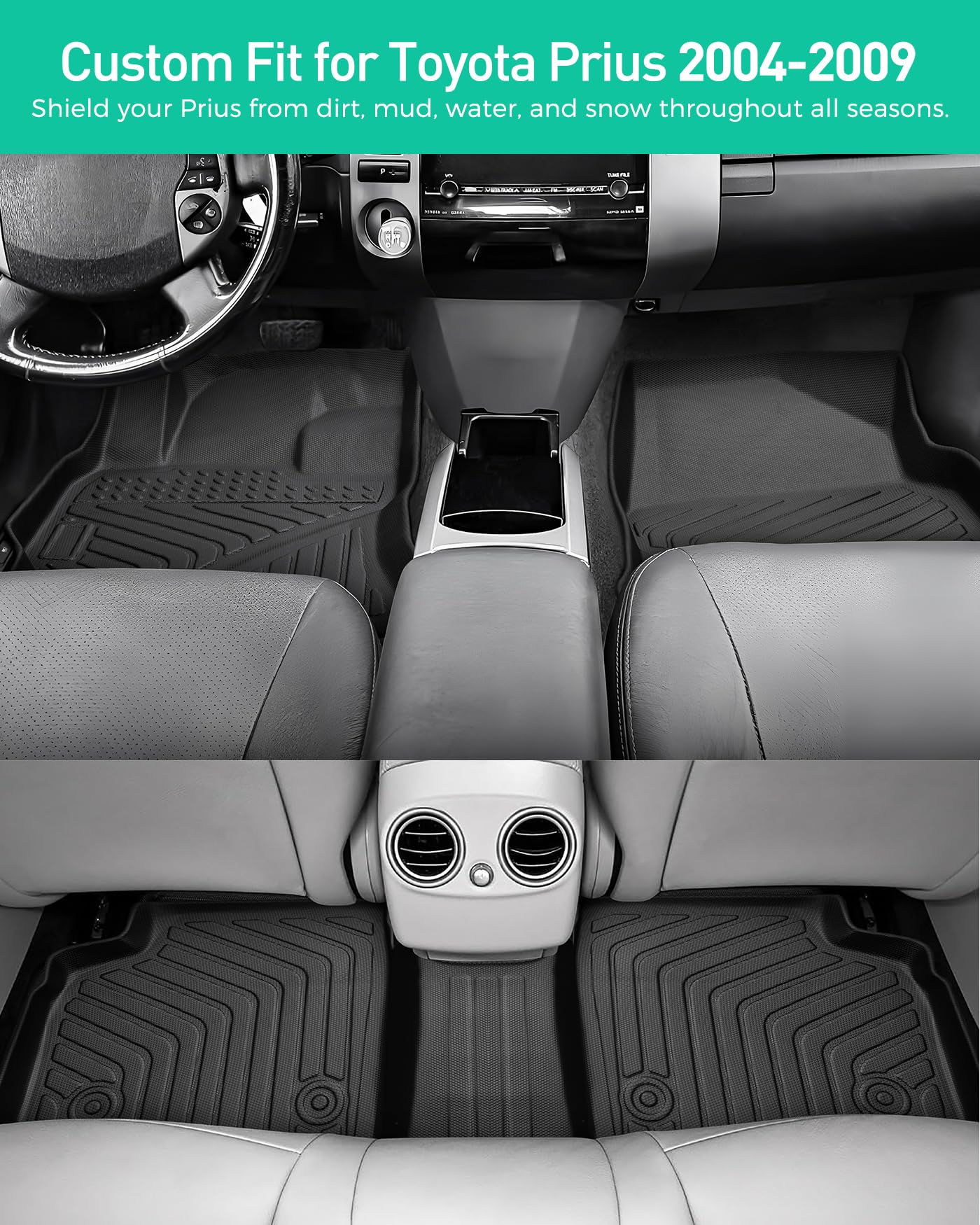 Car Floor Mats for Toyota Prius: 2004 2005 2006 2007 2008 2009 All Weather Accessories for Prius 2004-2009 Black Cargo Liner 4PCS Carpet Cutsom Fit for Toyota Prius 04-09 Automotive TPE Floormats