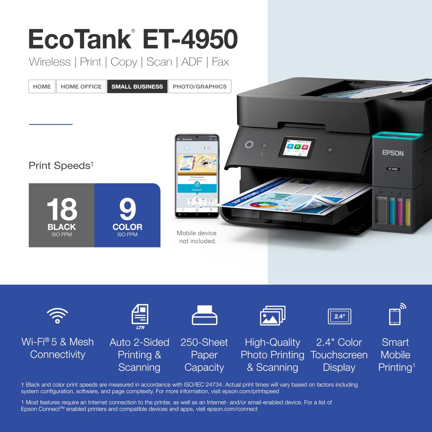 Epson EcoTank ET-4950 Wireless All-in-One Color Supertank Printer with up to 3 Years of Ink, Refillable Tanks, Perfect for Home, 18 PPM, 2.4" Color Touchscreen, Auto Document Feeder – Black