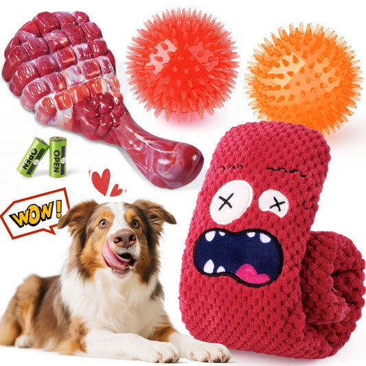 KIPRITII Heavy - Duty Dog Chew Toys for Aggressive Chewers – 6 Pack Tough Dog Toys Include Indestructible Chew Bone, Interactive Tug Toys & Squeaky Balls, Ideal for Medium & Large Breeds Dogs