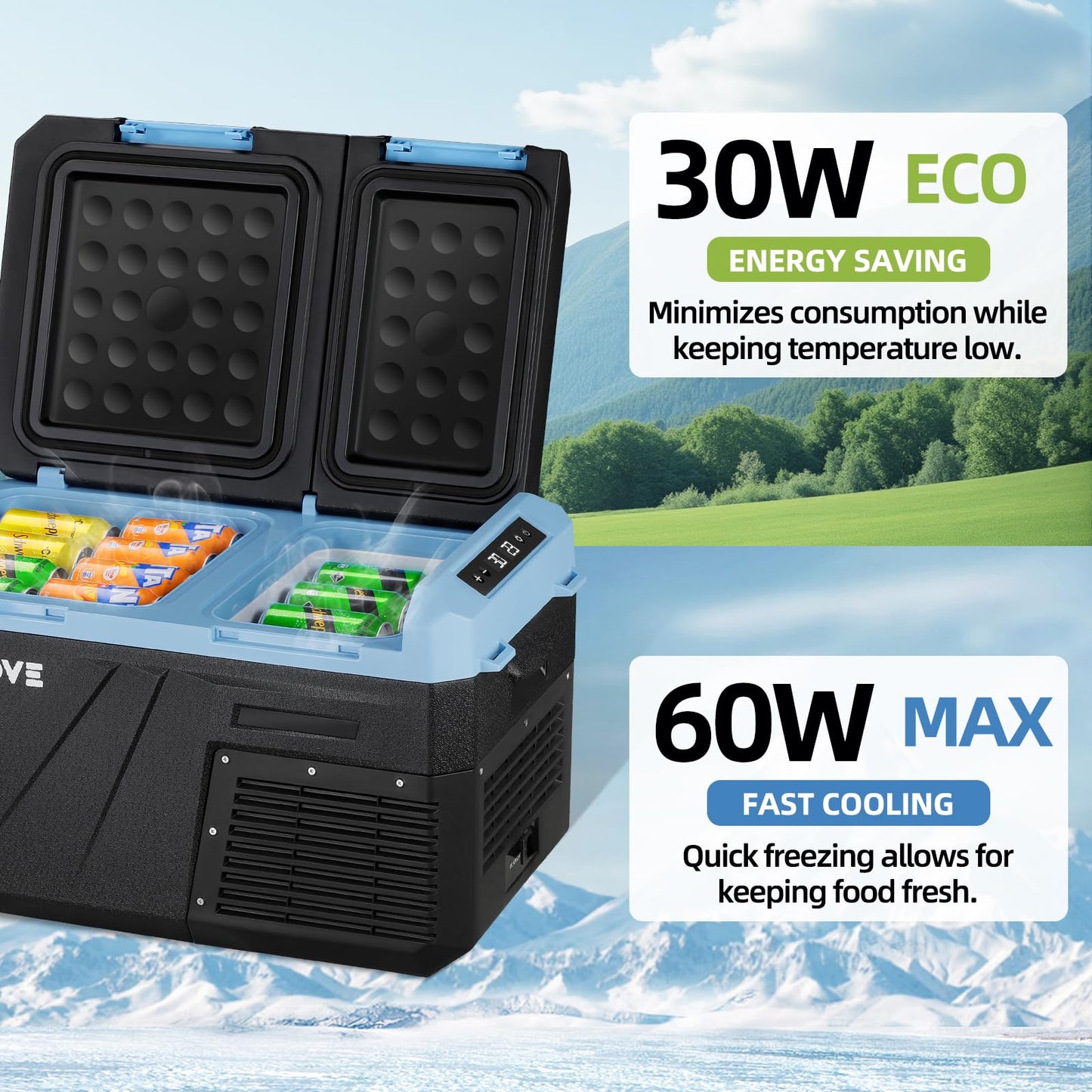 Tecnolove 25L Car Refrigerator Freezer, 27QT Dual Zone Portable Compressor Cooler with Reversible Door, 100–240V AC / 12V / 24V DC Powered, Touchscreen Control, LED Light, -4℉ to 68℉, Ice Blue