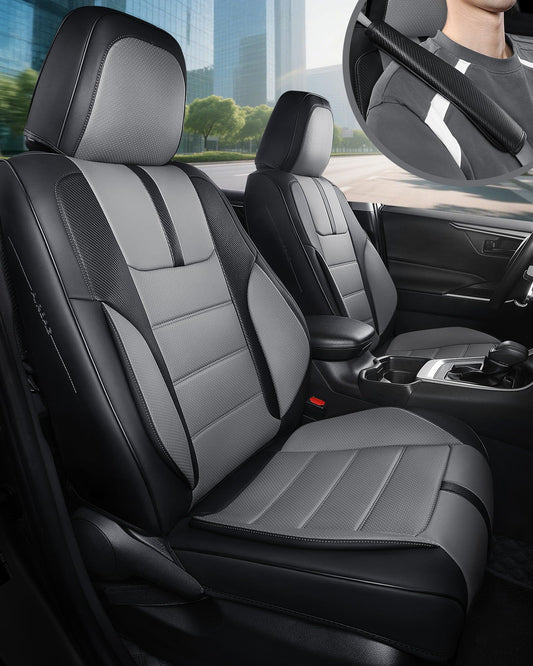 FREESOO Black Gray Car Seat Covers Full Set - Faux Nappa Leather Seat Covers for Cars, with Front Seatbelt Pads, Luxury Waterproof Cushion Protector Accessories Fit for Most 5 Seats Sedans SUV Trucks