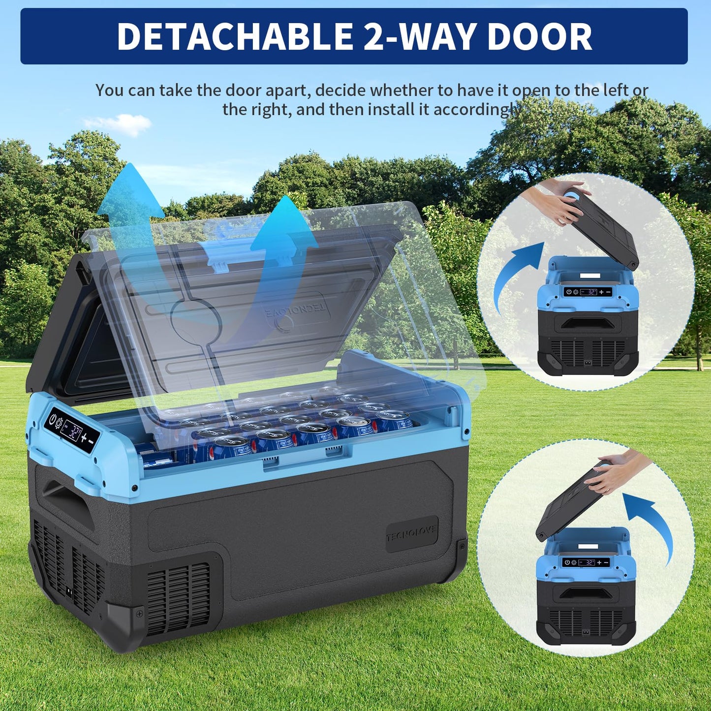 Tecnolove 20L Car Refrigerator Freezer, 21QT Single Zone Portable Fridge with Blow Expansion Evaporator, Reversible Door, LED Control, Fast Cooling, 100–240V AC / 12V / 24V DC, -4℉~68℉, Ice Blue