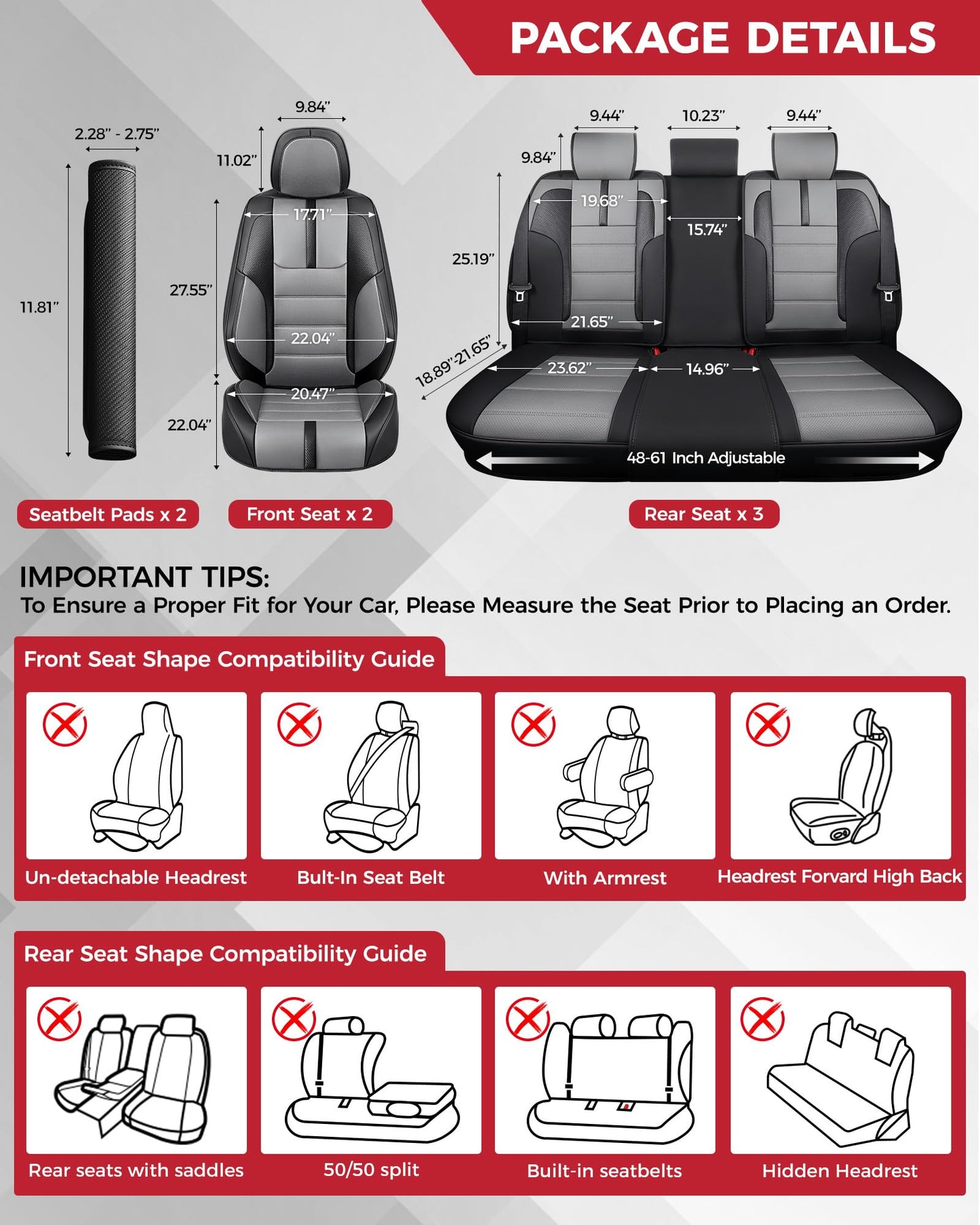 FREESOO Black Gray Car Seat Covers Full Set - Faux Nappa Leather Seat Covers for Cars, with Front Seatbelt Pads, Luxury Waterproof Cushion Protector Accessories Fit for Most 5 Seats Sedans SUV Trucks