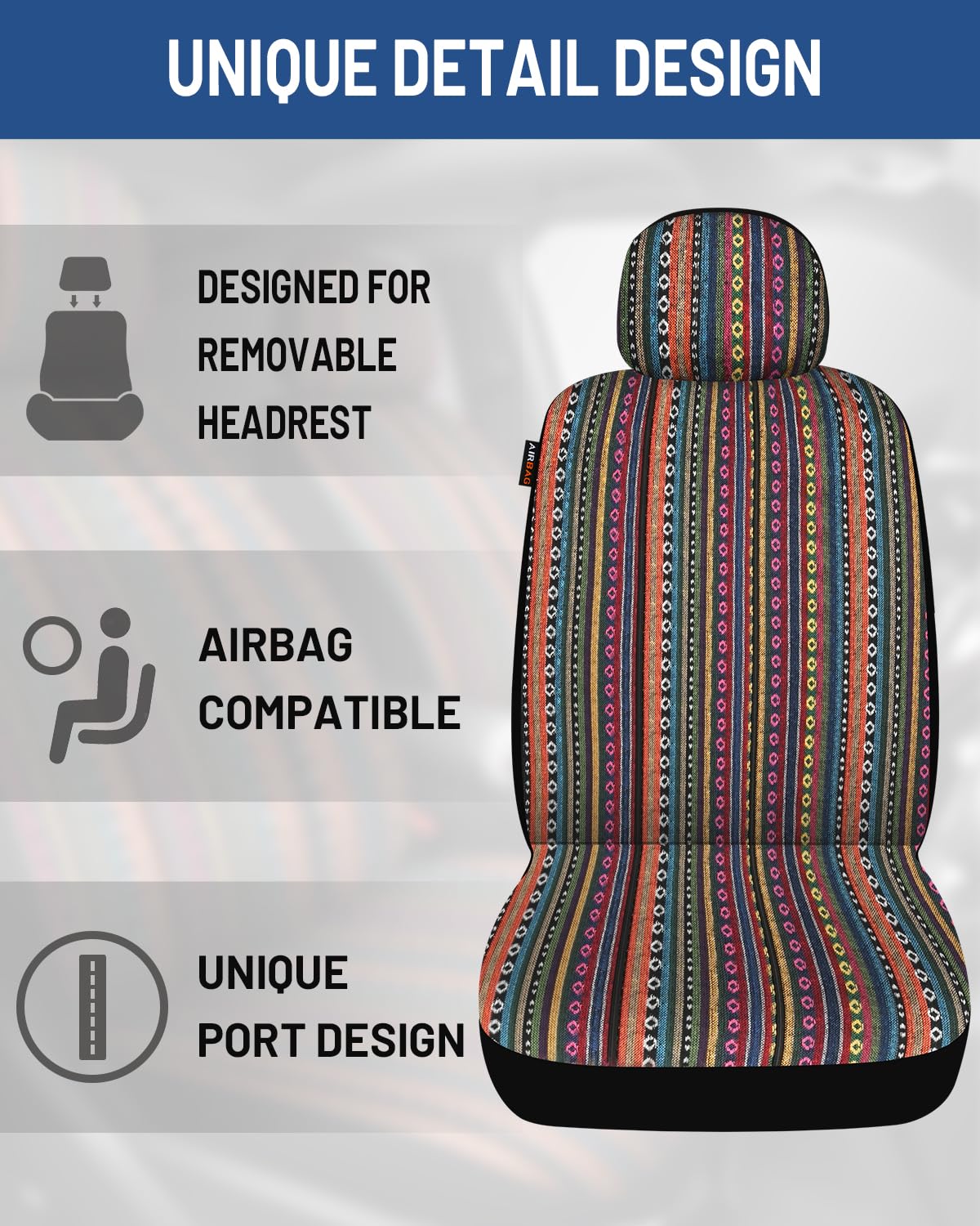 Sino Salected Baja Saddle Blanket Car Seat Covers Full Set with Seat Belt Pads and Steering Wheel Cover, Washable Breathable Striped Woven Cloth Seat Covers for Cars, SUV, Truck, (Orange)