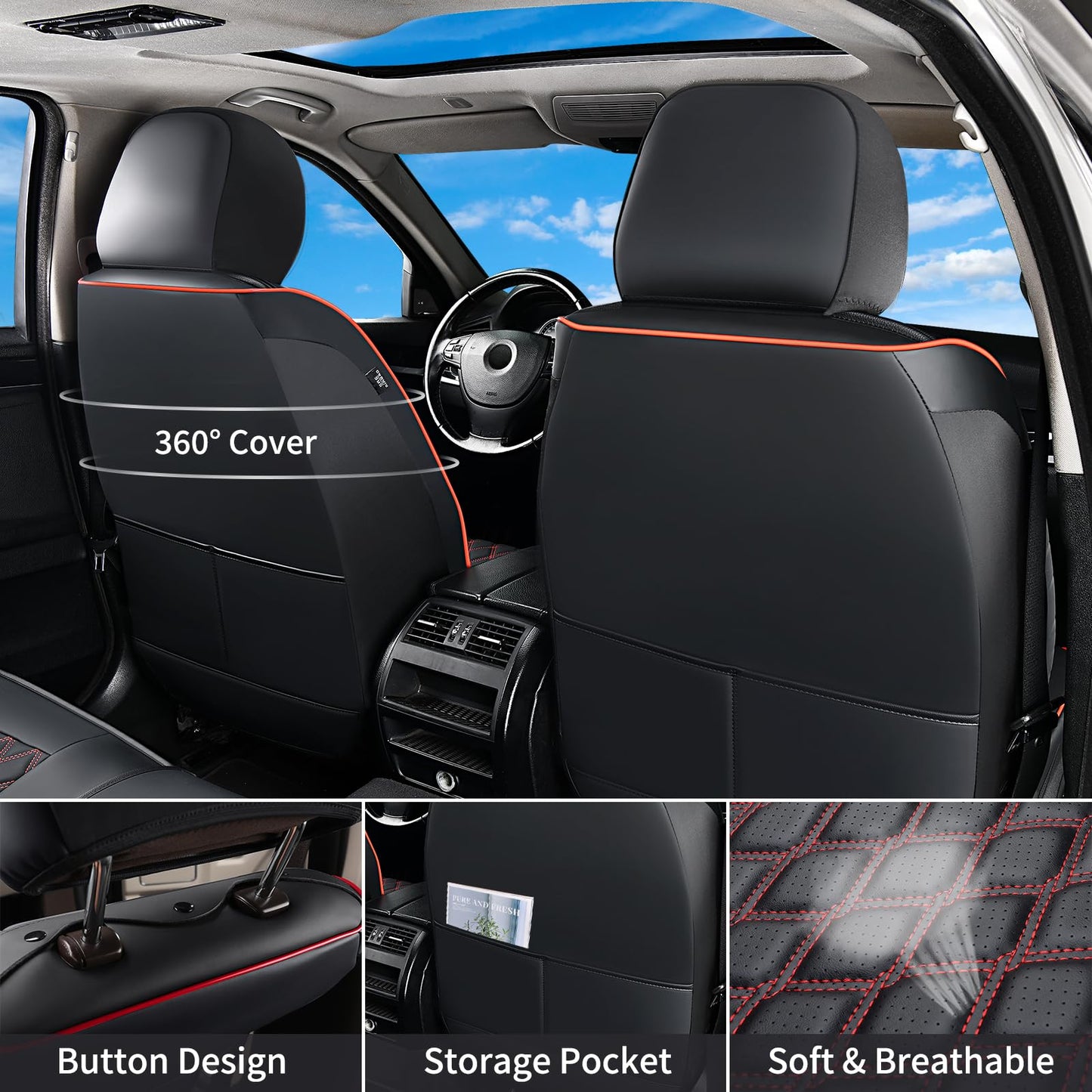 Huidasource Full Coverage F150 Seat Covers Cushion Protector Fit for 2015-2025 Ford F150 SuperCrew & 2017-2025 F250 F350 F450 Super Duty Crew Cab XL XLT Lariat King Ranch Platinum(Full Set/Black&Red)