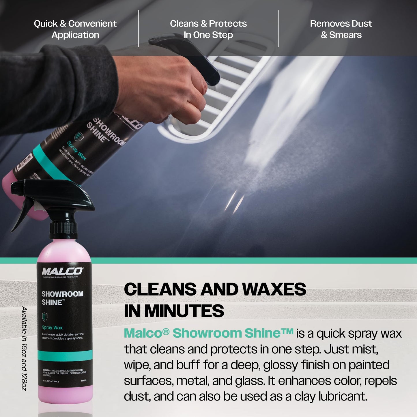 Malco Showroom Shine Spray Car Wax – Best Car Wax Spray for Professional Finish/Easy to Use Instant Detailer/Cleans and Waxes Painted Surfaces, Metal and Glass / 16oz. (110416)