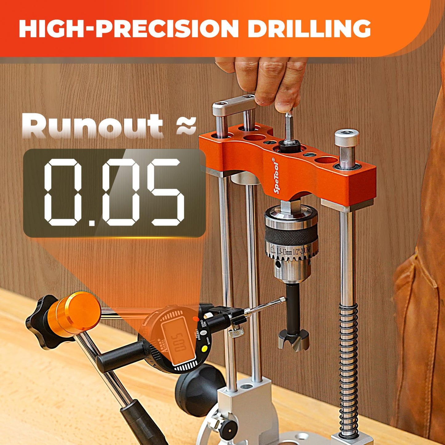 SpeTool Portable Drill Guide with Liner Ball Bearings Guide Poles, 1/2” Chuck Drill Press Adapter for Hand Drill Adjustable from 0-60°, Multi Angle Drill Guide for Straight Holes Woodworking