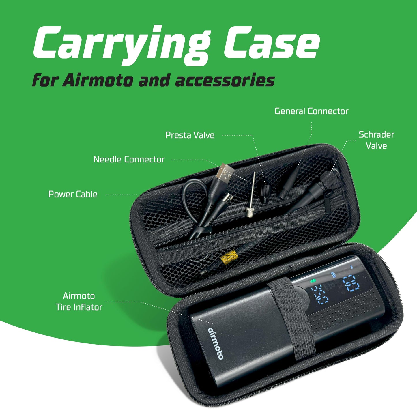 Airmoto and Carrying Case Bundle Deal - Tire Inflator Portable Air Compressor with Hard Case - Air Pump for Car Tires, Motorcycle, Bicycle - Cordless Tire Pump with Tire Pressure Gauge