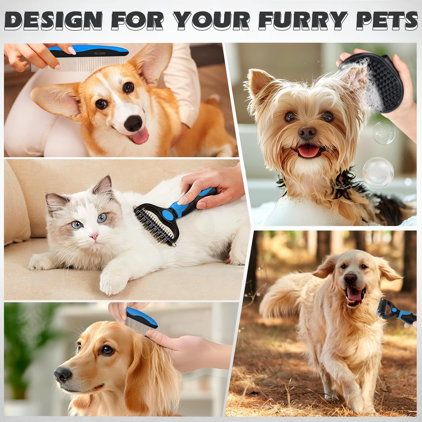 UGNEL 3PCS Pet Grooming Rake & Metal Comb & Bath Brush for Dogs and Cats, Double-Sided Dematting Tool, Extra-Wide Deshedding Dog Brush for Long Hair to Effectively Remove Tangles, Knots and Mats