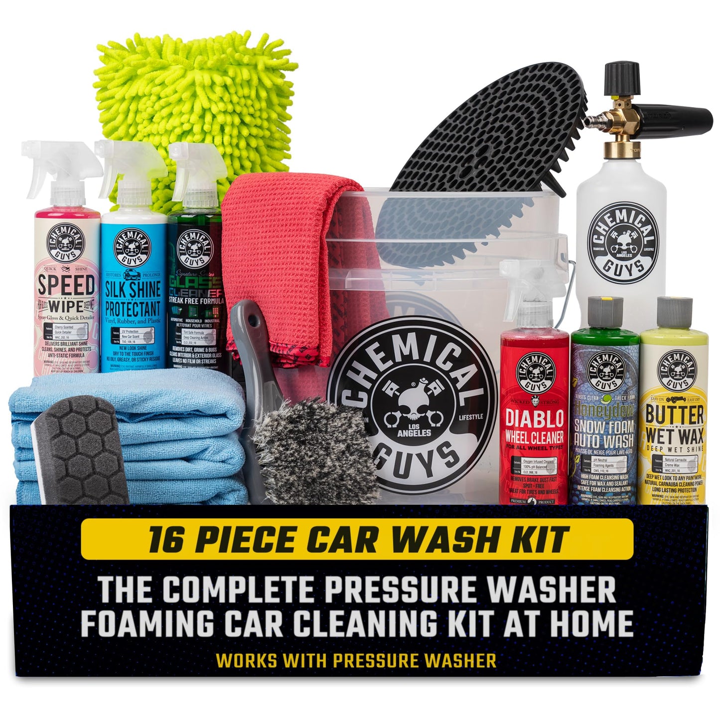 Chemical Guys HOL169 16-Piece Arsenal Builder Car Wash Kit with Foam Cannon, Bucket and (6) 16 Oz Car Care Cleaning Chemicals, Gift for Car & Truck Lovers, Dads and DIYers (Works W/Pressure Washers)