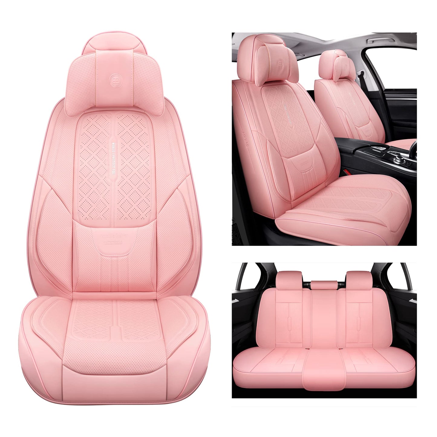 NS YOLO Universal Leather Car Seat Covers Full Coverage,Waterproof Custom Fit for Cars,SUVs and Trucks, Premium PU Leather Automotive Seat Protector with Anti-Slip Design,Pink Seat Cover for 5 Seats