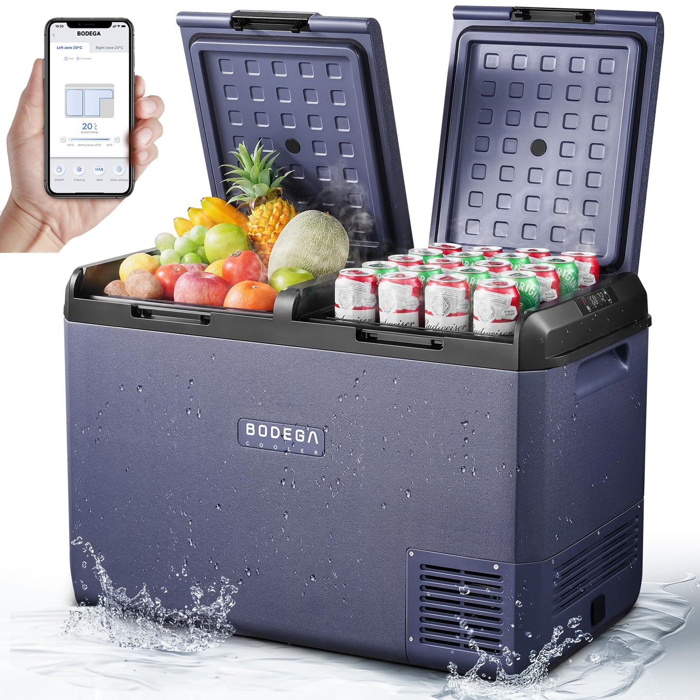 BODEGACOOLER 12 Volt Car Refrigerator, 79QT(75L) IPX4 Waterproof Electric Cooler, RV Car Fridge Dual Zone APP Control with 12/24V DC 110-240V AC, -4℉~68℉, Portable Freezer for Truck RV Camping, Travel