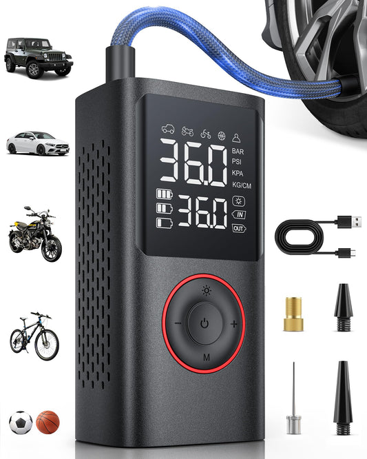 Powools Tire Inflator Portable Air Compressor, 150 PSI Cordless Bike Tire Pump, Air Pump for Auto, Motorcycle, Bicycle, Balls with Pressure Gauge, LED Light & Car Accessories, Black, 4000mAh