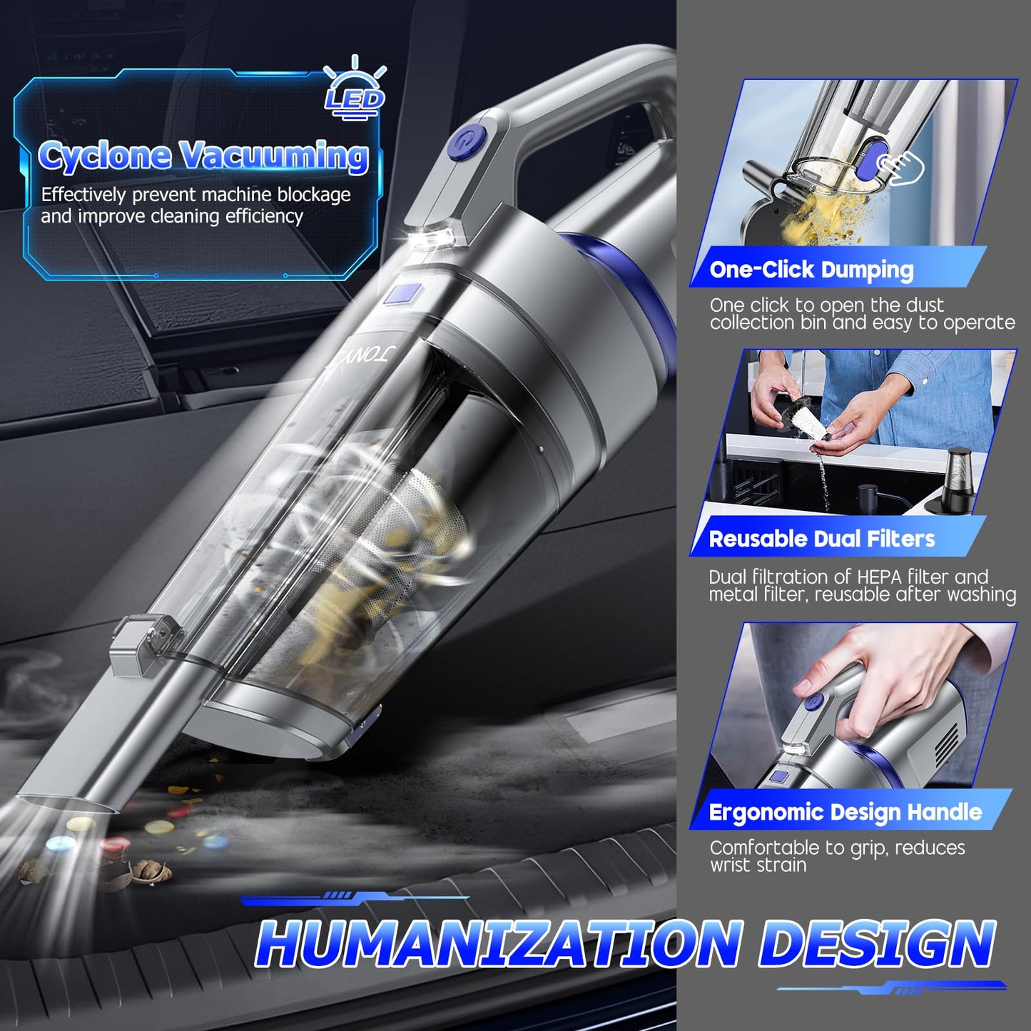 JONYJ Handheld Vacuum Cordless, 16000PA Strong Suction Hand Held Car Vacuum Cleaner, Portable Hand Vacuum Rechargeable with Multi-Nozzles & LED Light for Home, Car, Office, Pets