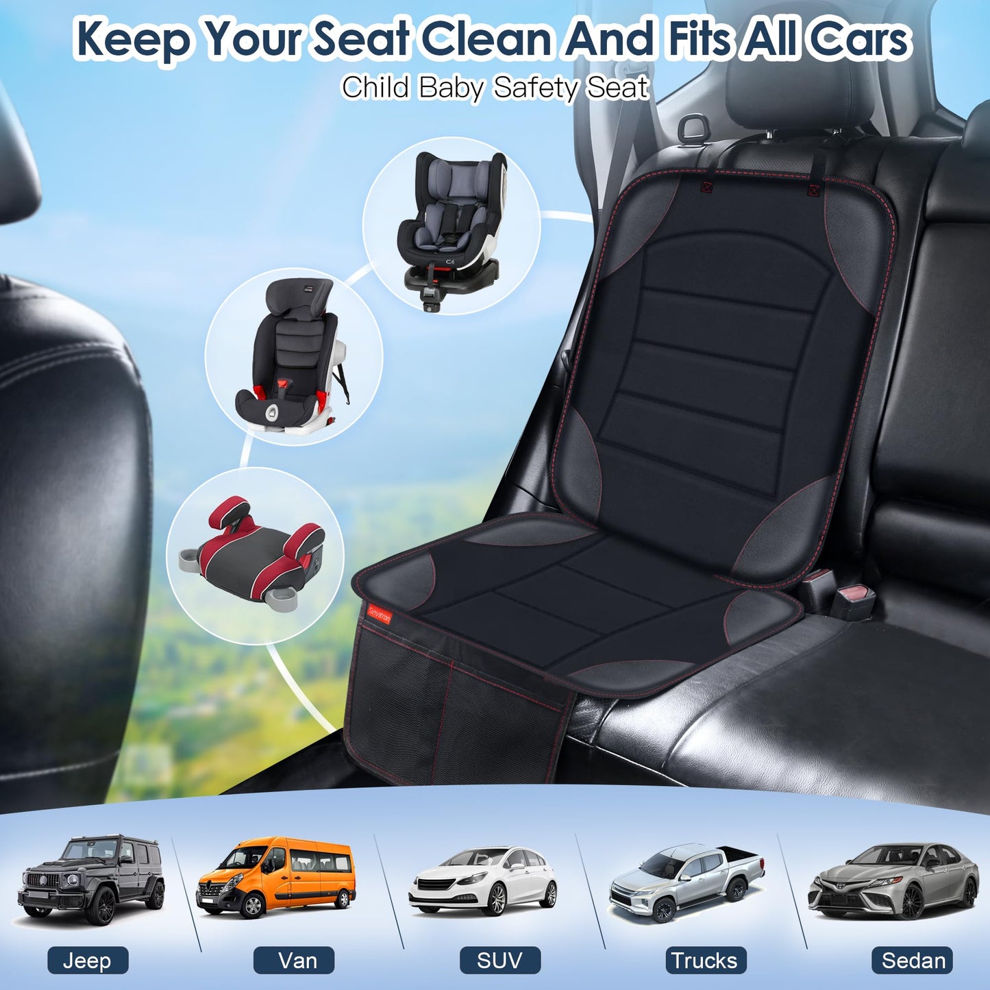 Sinvitron Car Seat Protector for Child Car Seat - Waterproof Non-Slip Leather Mat with 2 Mesh Pockets, Universal Seat Cover for Baby, Pets & Vehicles(2-Pack,Black)