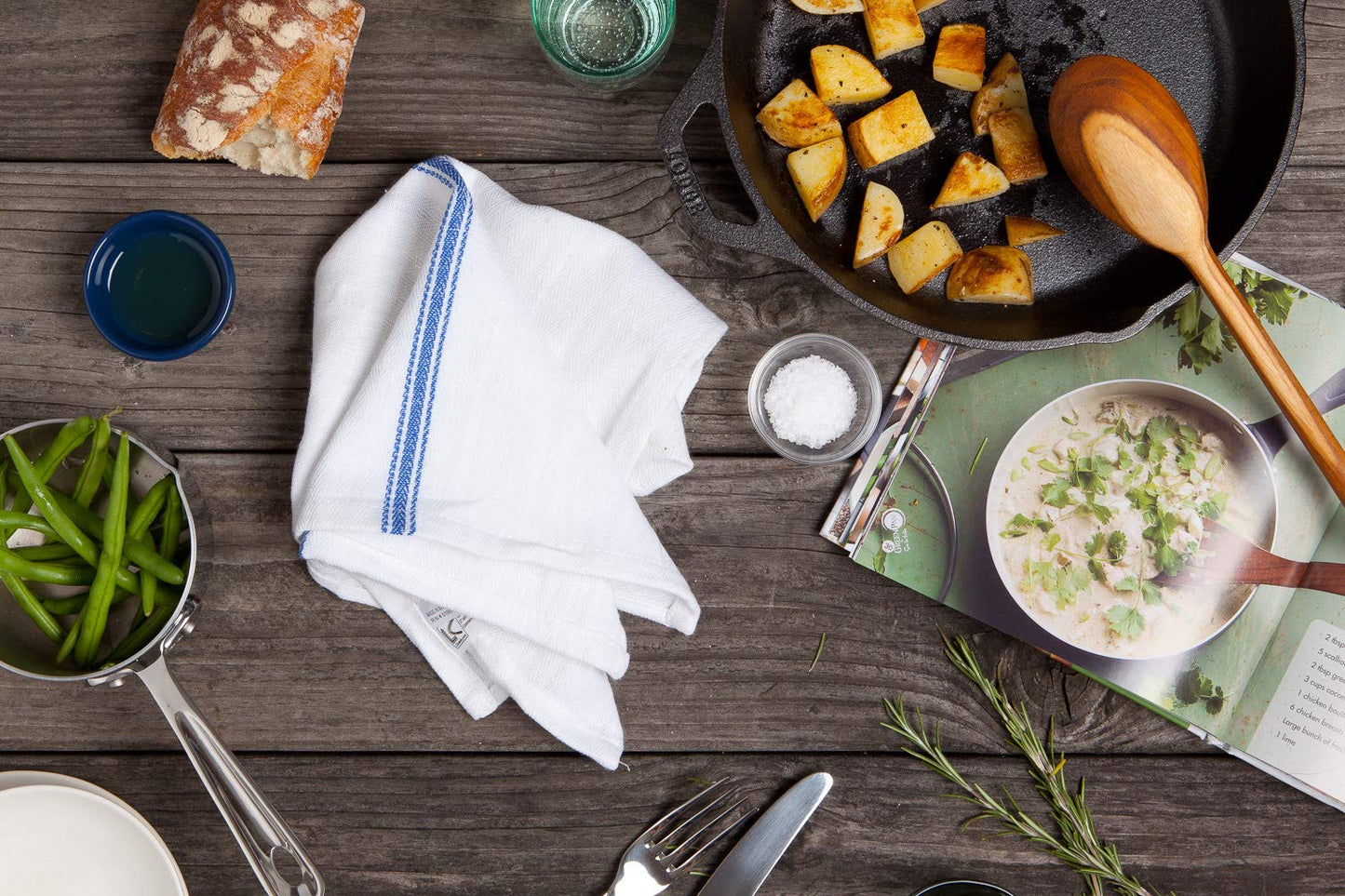 Bulk Economy Wholesale Kitchen Dish Towels (300 Towels) - 100% Cotton Herringbone - Commercial Grade - Bleach Resistant - Restaurant Bar Mops - 24 oz/dz - White with Blue Stripes