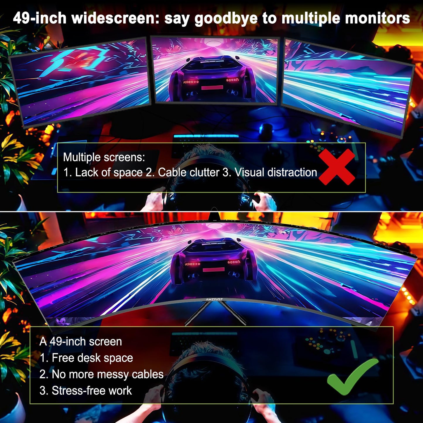 Amzfast 49 Inch Curved Monitor 120Hz DQHD 5120x1440p Ultrawide Gaming Monitor, 120% sRGB, 3000:1, 1ms, HDR, Adaptive Sync, PIP/PBP, Low Blue Light, HDMI 2.0/DP 1.4, VESA 75x75, AMZG49C7U