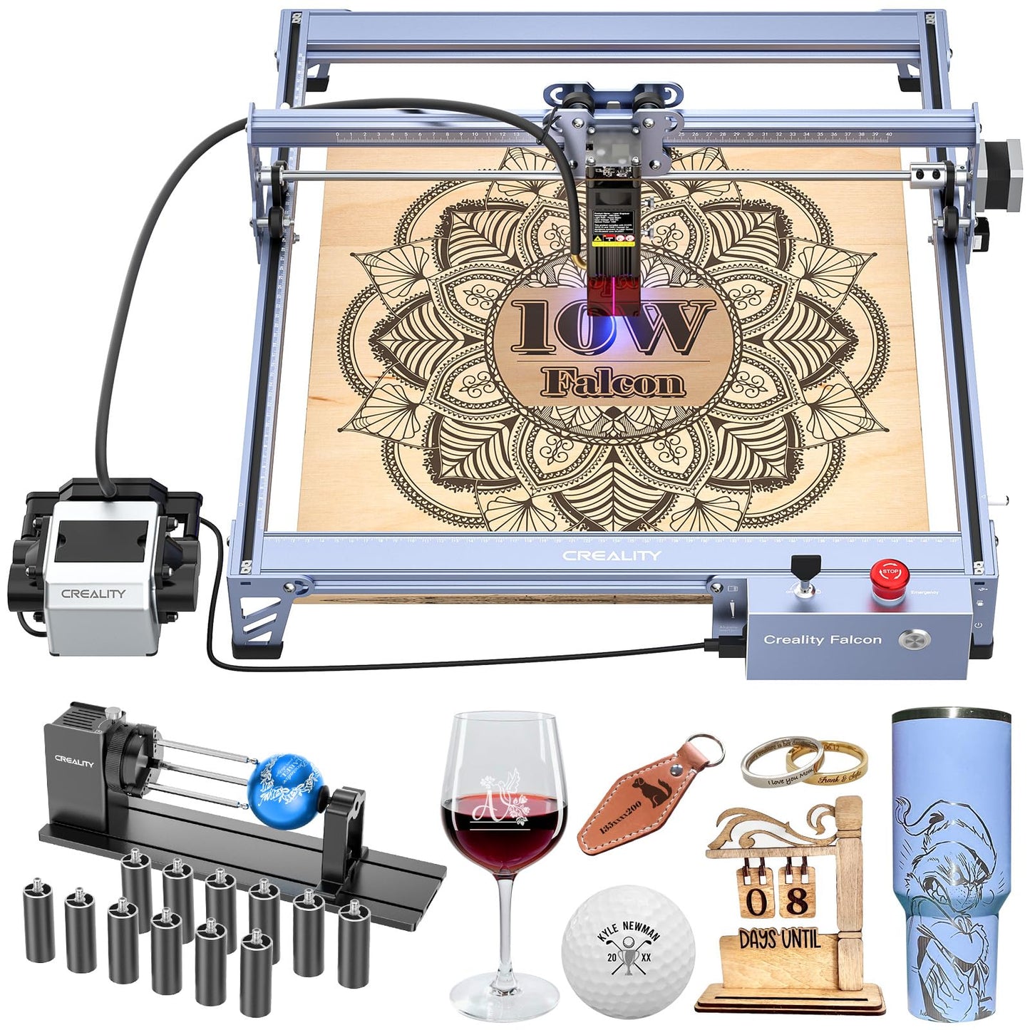 Creality 10W Laser Engraver, Falcon Pro with 3-in-1 Laser for Wood Engraving, 72W Efficient Laser Engraving Machine Fit, for Wood, Metal, Paper, Acrylic, Leather, Glass Tumbler Ring, 17" x 16"