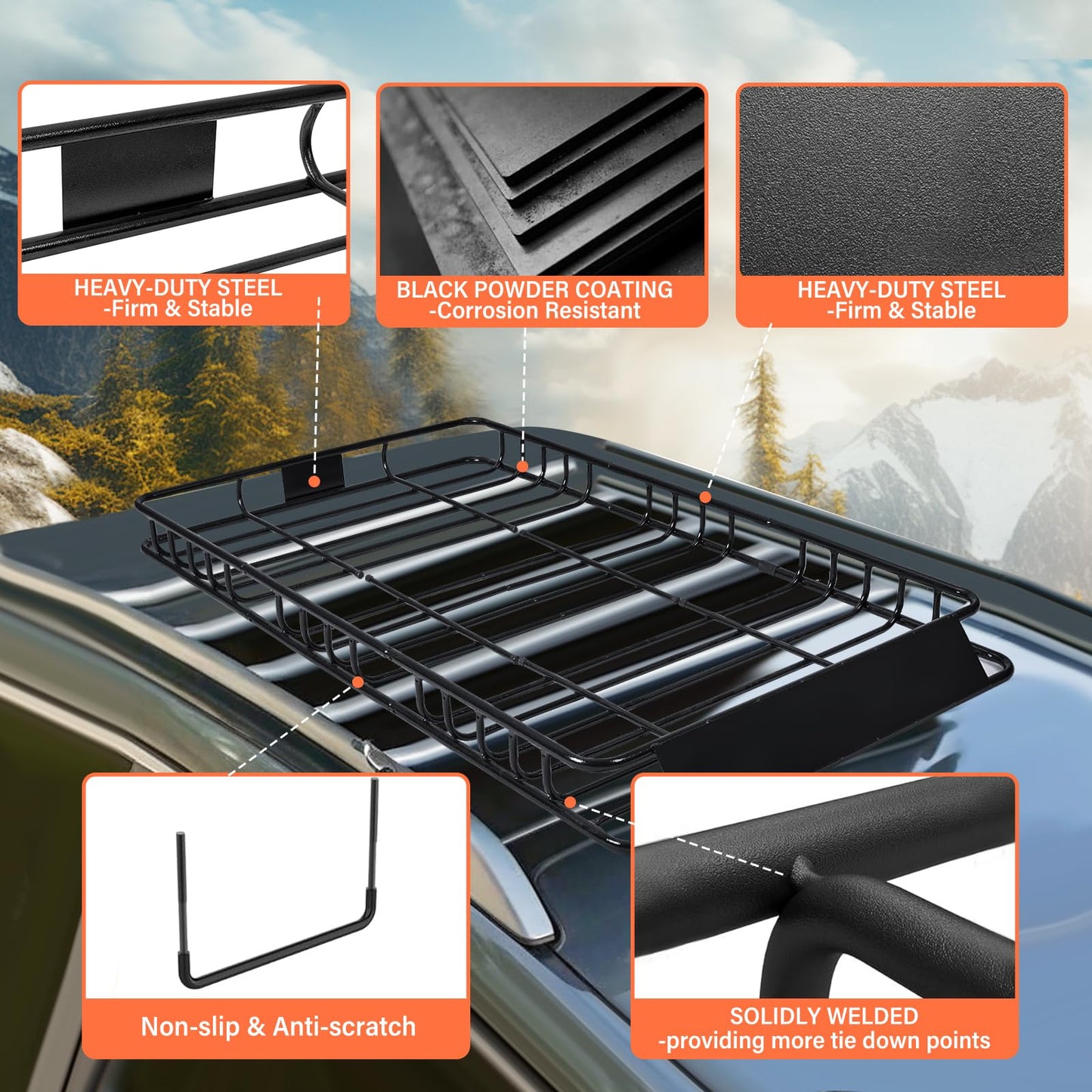 Heavy Duty Universal Rooftop Cargo Carrier Roof Rack, 64"x36"x5" Roof Rack Basket with 20 Cu.Ft Waterproof Bag, for SUV, Truck and Van, 250lbs Capacity, Corrosion Resistant, Steel Construction